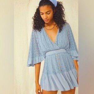 Free People Shyanne Romper Teal Blue Lace Bell Sleeve - Size M
